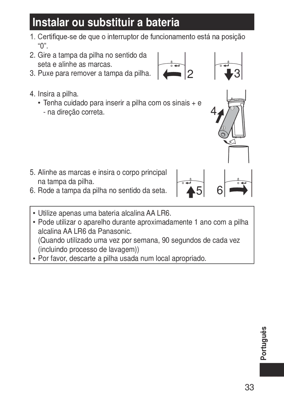 Panasonic ERGN30K operating instructions Instalar ou substituir a bateria 