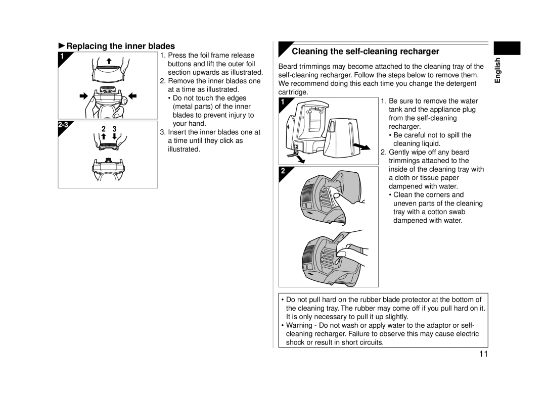 Panasonic ESLA93K, ES-LA93-K operating instructions Replacing the inner blades, Cleaning the self-cleaning recharger 