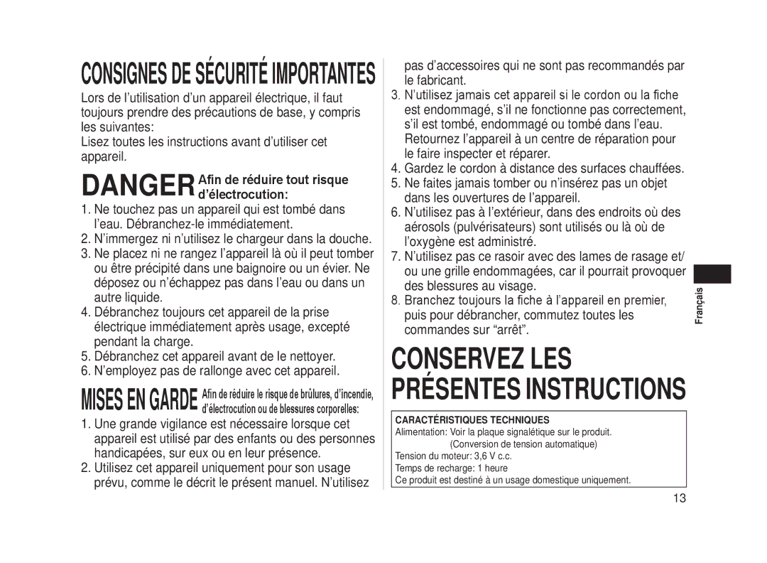 Panasonic ES-LA93-K, ESLA93K operating instructions Conservez LES Présentes Instructions 