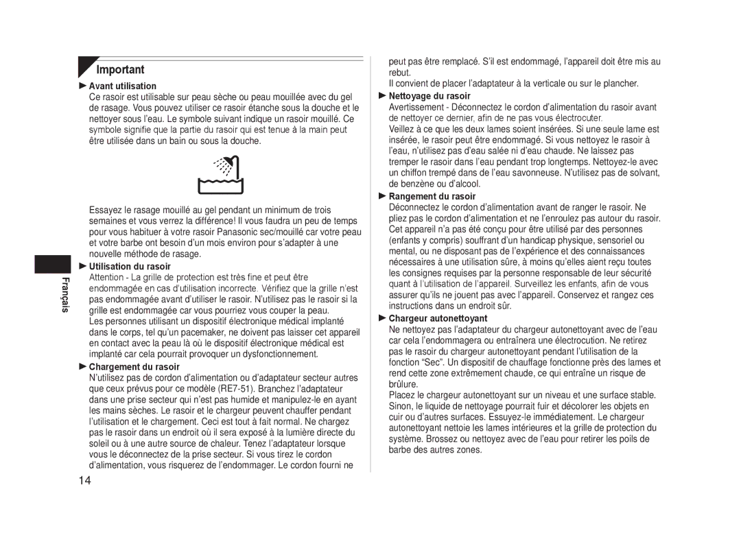 Panasonic ESLA93K, ES-LA93-K  Avant utilisation,  Utilisation du rasoir,  Chargement du rasoir,  Nettoyage du rasoir 