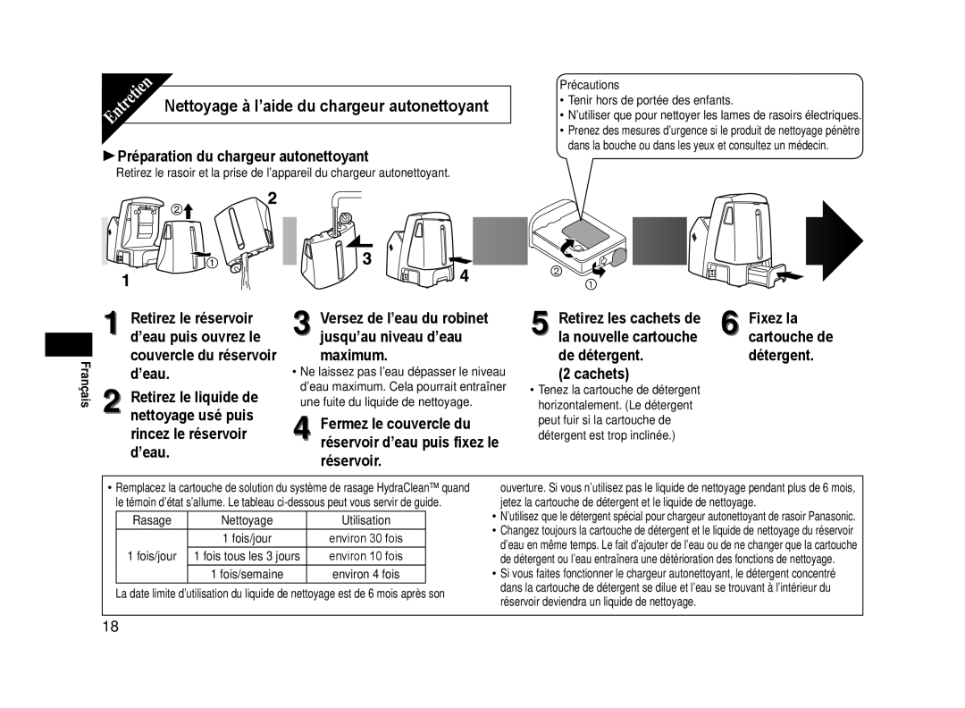 Panasonic ES-LA93-K Nettoyage à l’aide du chargeur autonettoyant, Préparation du chargeur autonettoyant, Cartouche de 