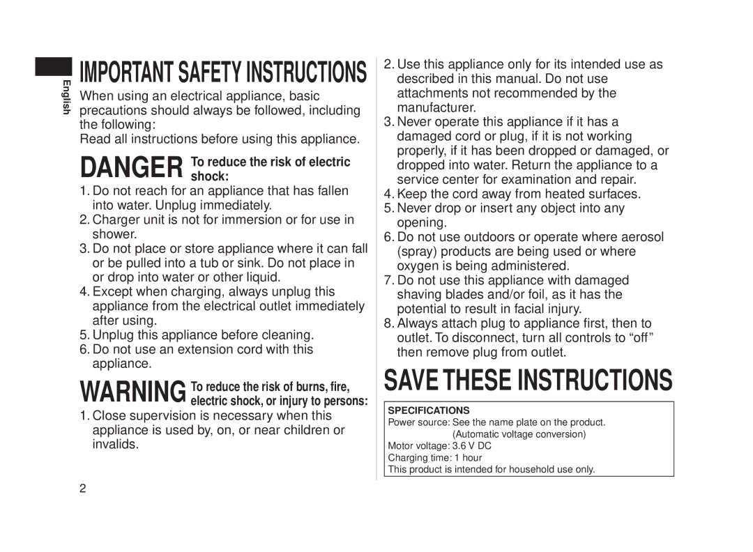 Panasonic ESLA93K, ES-LA93-K operating instructions Important Safety Instructions 