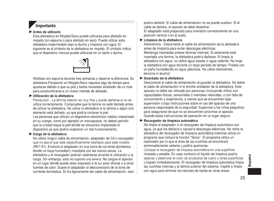 Panasonic ES-LA93-K, ESLA93K operating instructions Importante 