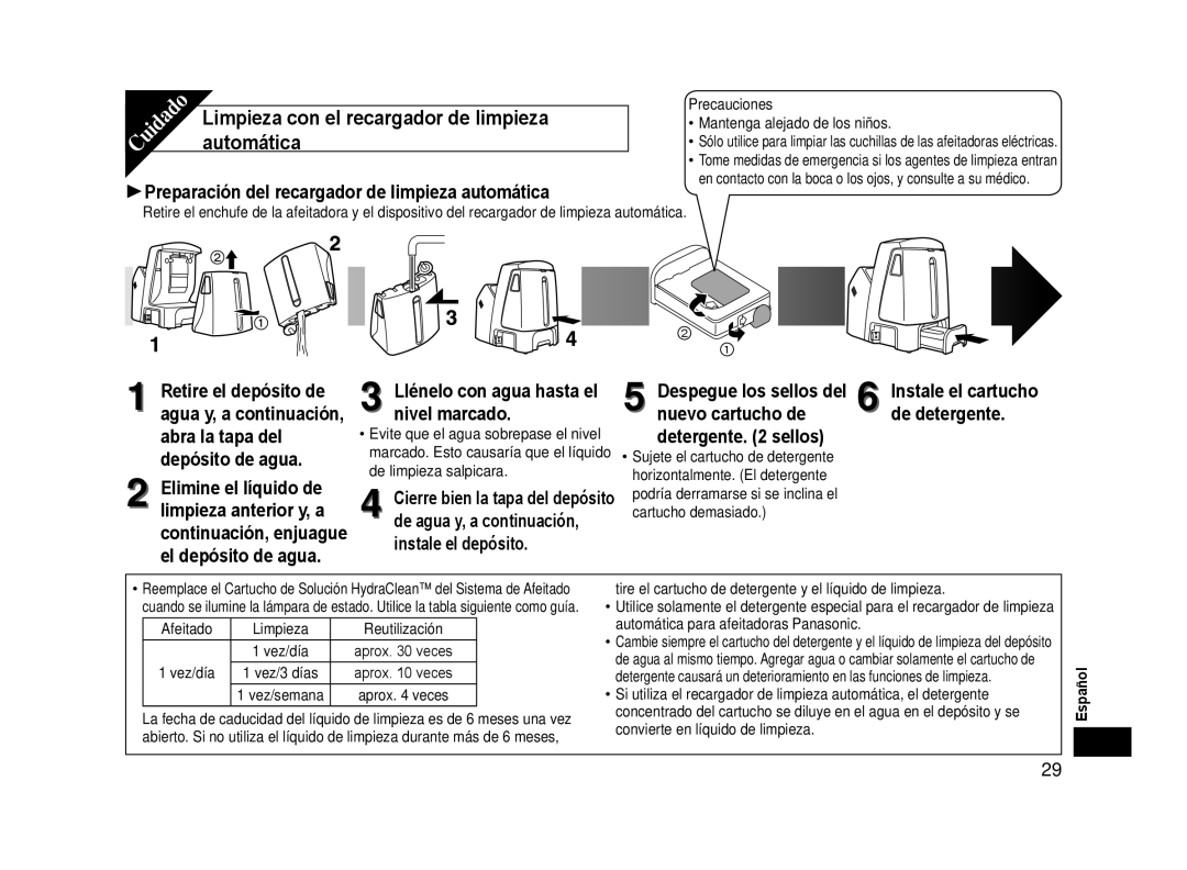 Panasonic ESLA93K Limpieza con el recargador de limpieza automática, Preparación del recargador de limpieza automática 