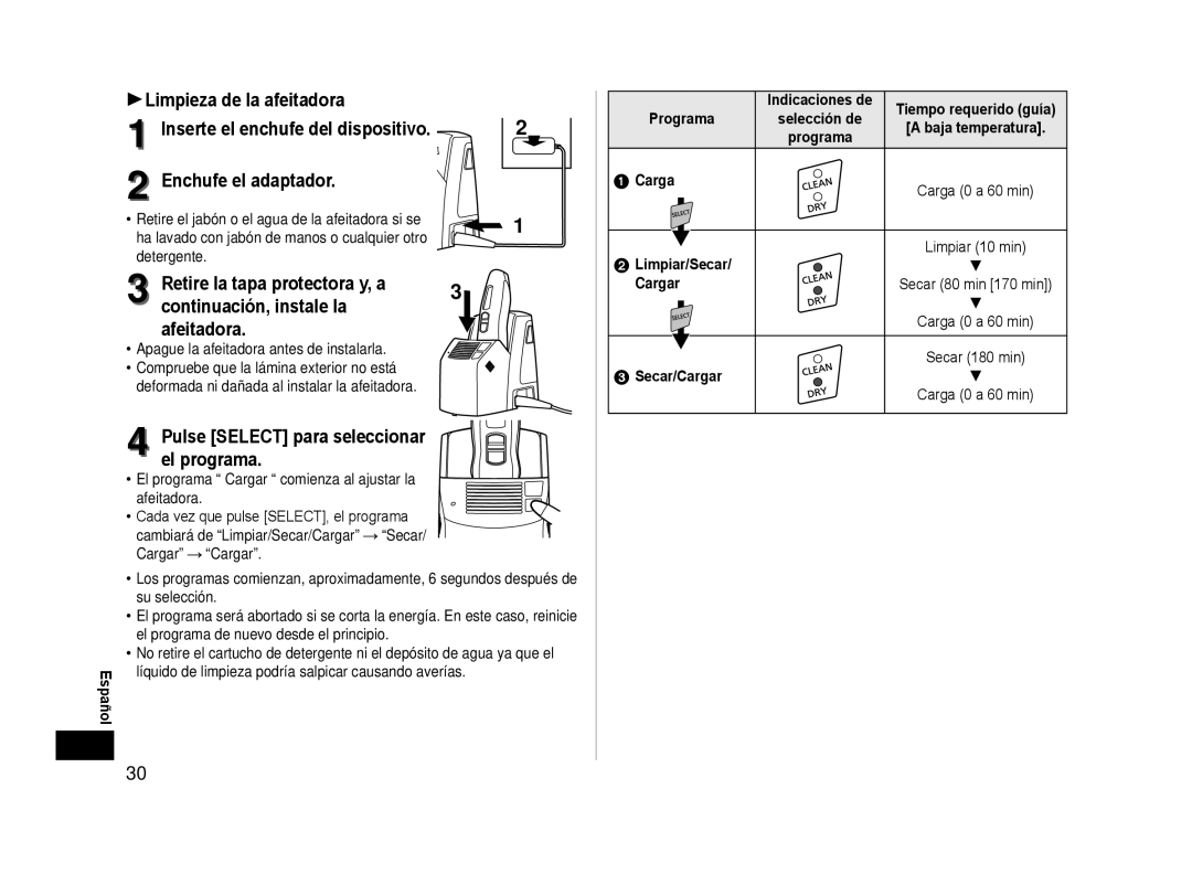 Panasonic ES-LA93-K, ESLA93K operating instructions Pulse Select para seleccionar el programa 