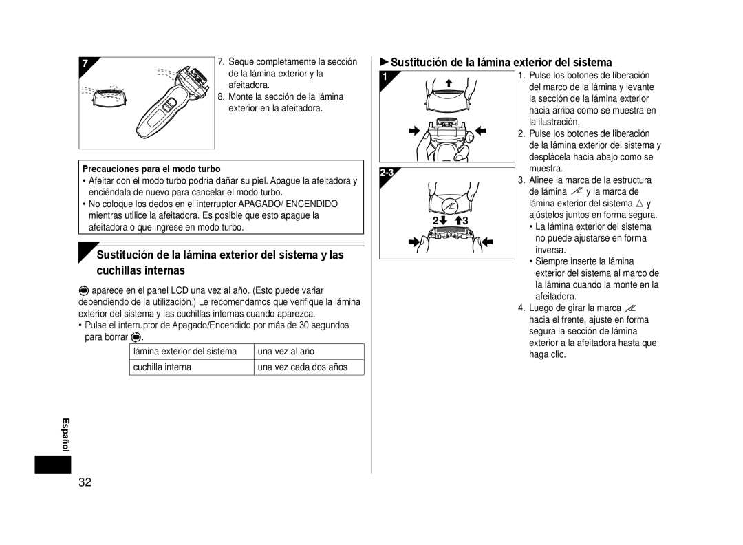 Panasonic ESLA93K, ES-LA93-K Sustitución de la lámina exterior del sistema, Precauciones para el modo turbo 