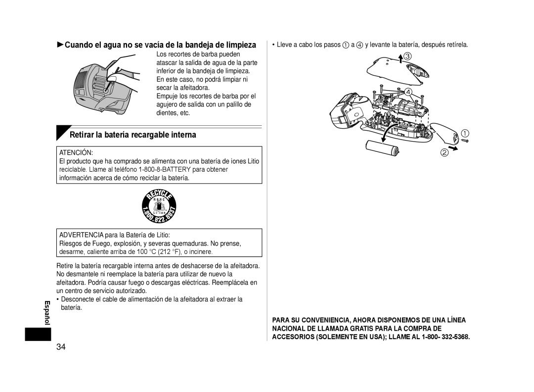 Panasonic ESLA93 Cuando el agua no se vacía de la bandeja de limpieza, Retirar la batería recargable interna, Batería 