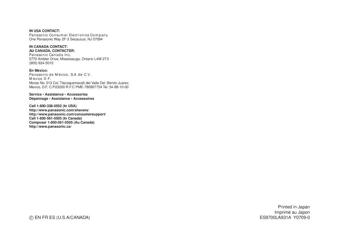 Panasonic ES-LA93-K, ESLA93K operating instructions En Fr Es U.S.A/Canada 