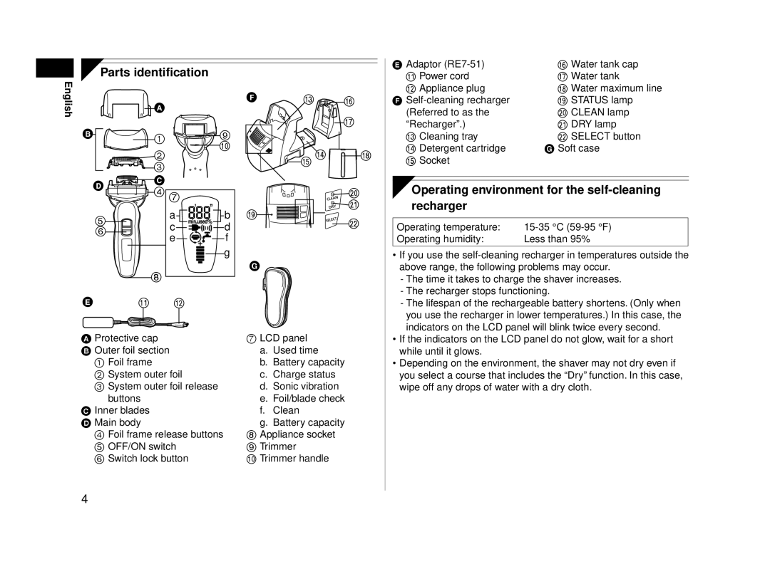 Panasonic ES-LA93-K, ESLA93K Parts identification, Operating environment for the self-cleaning recharger 