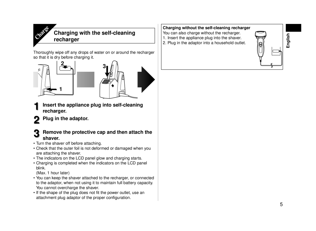 Panasonic ESLA93K, ES-LA93-K operating instructions Charging with the self-cleaning recharger 