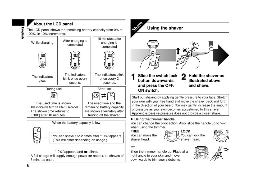 Panasonic ES-LA93-K, ESLA93K operating instructions Using the shaver 90˚, About the LCD panel 