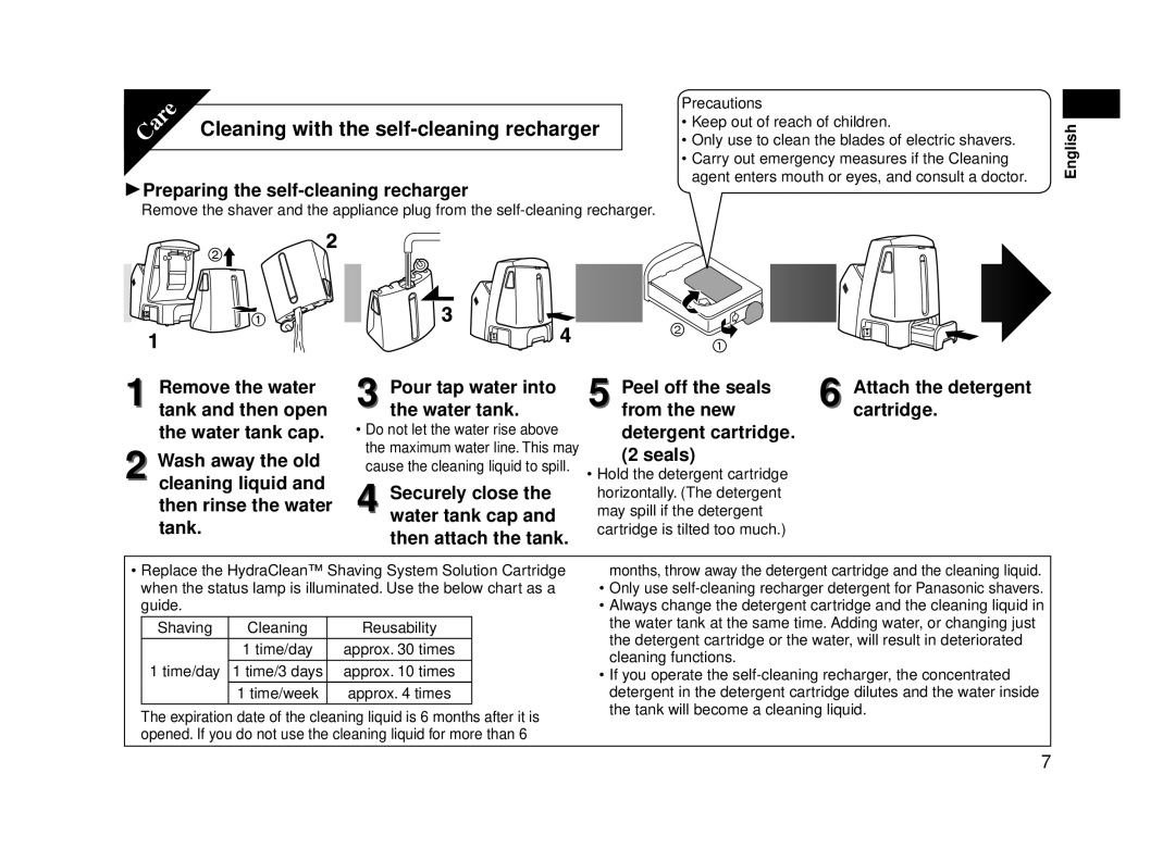 Panasonic ES-LA93-K, ESLA93K Cleaning with the self-cleaning recharger, Preparing the self-cleaning recharger 