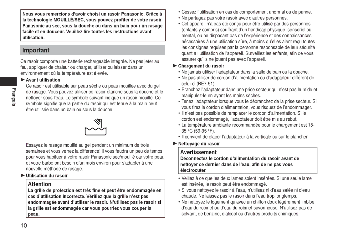 Panasonic ES-LT41 Avertissement, Avant utilisation, Utilisation du rasoir,  Chargement du rasoir,  Nettoyage du rasoir 