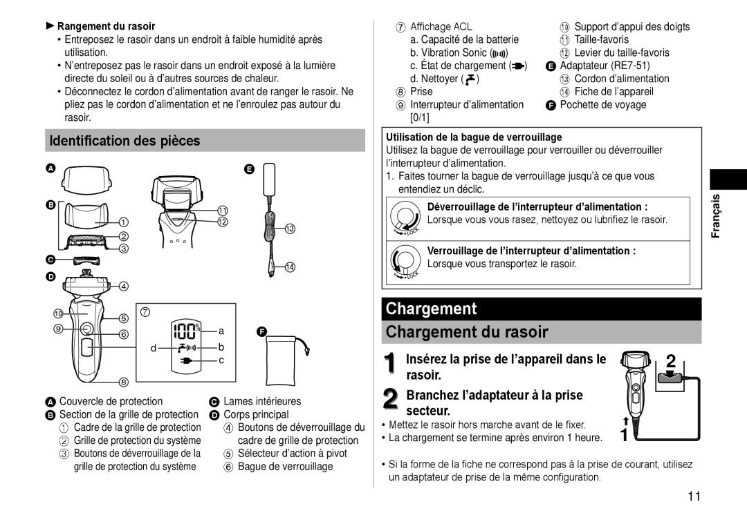 Panasonic ES-LT41 Chargement du rasoir, Identification des pièces, Rasoir Branchez l’adaptateur à la prise Secteur 