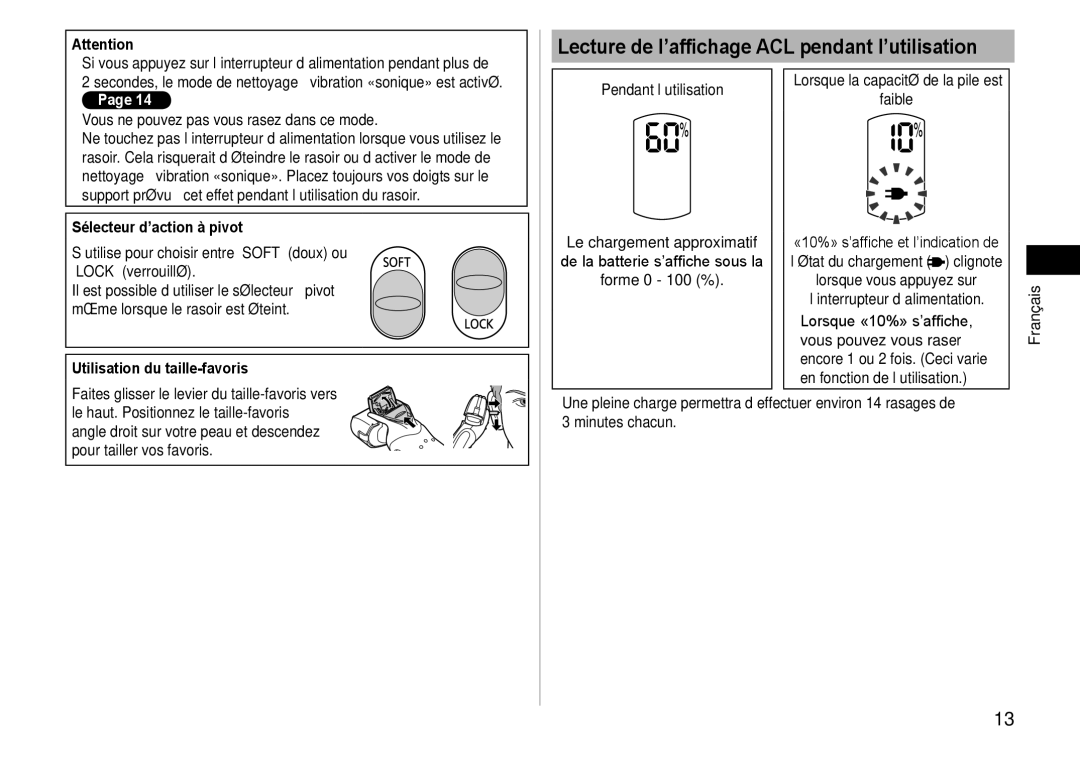 Panasonic ES-LT41 operating instructions Lecture de l’affichage ACL pendant l’utilisation, Sélecteur d’action à pivot 