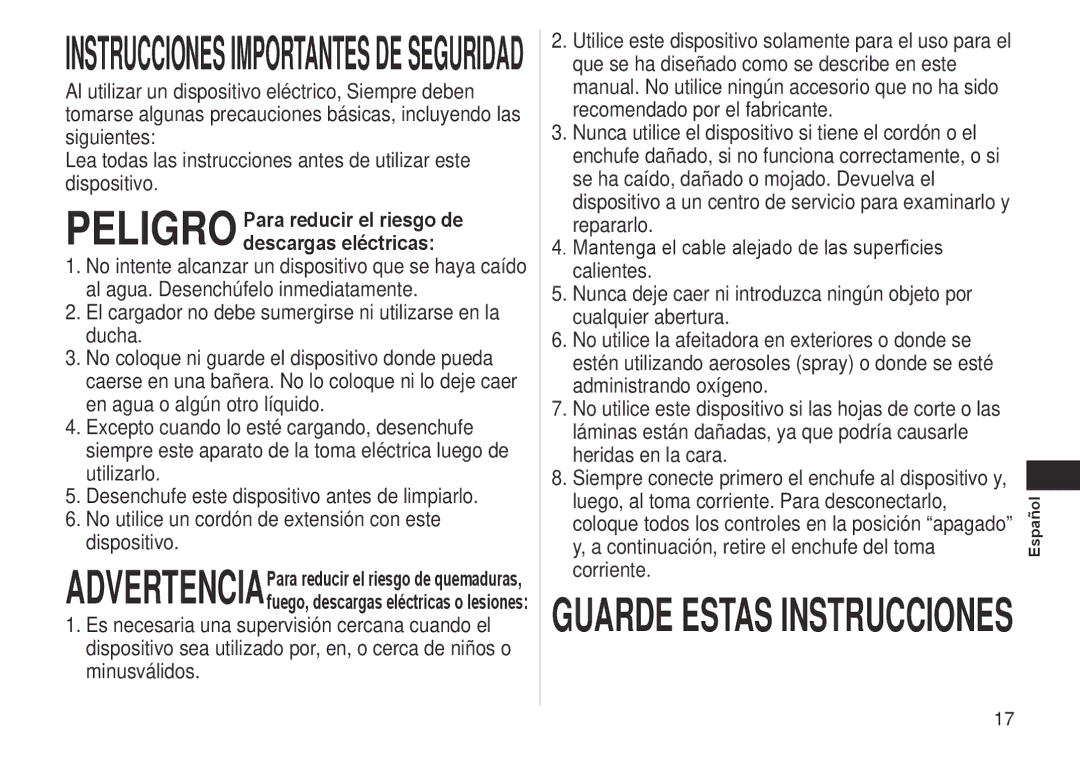 Panasonic ES-LT41 operating instructions Peligro Para reducir el riesgo de descargas eléctricas, Español 