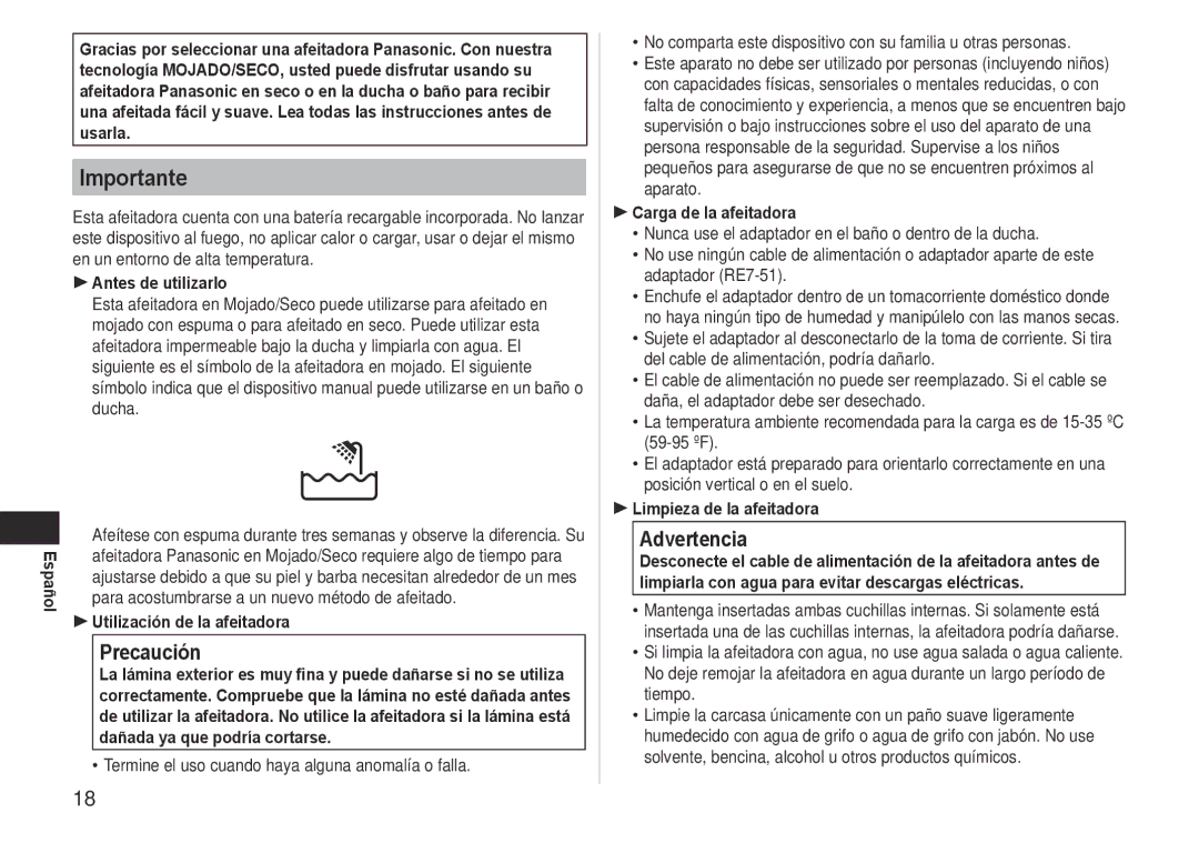 Panasonic ES-LT41 operating instructions Importante, Precaución, Advertencia 