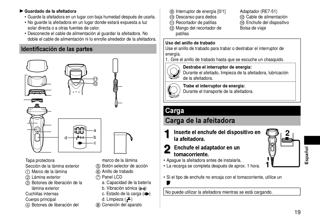 Panasonic ES-LT41 operating instructions Carga de la afeitadora, Identificación de las partes 