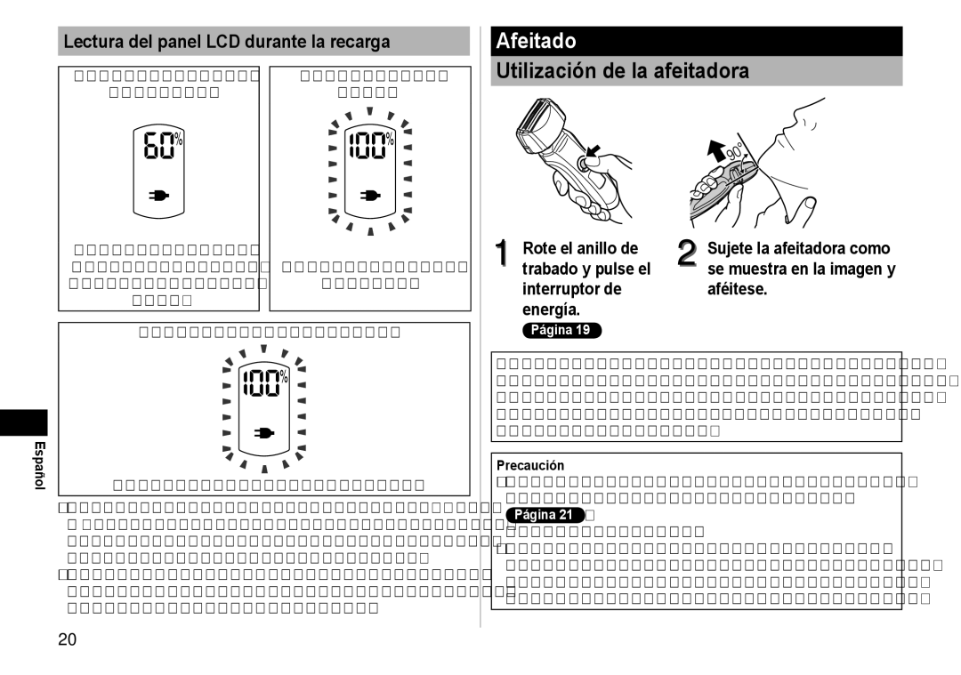 Panasonic ES-LT41 Afeitado, Utilización de la afeitadora, Lectura del panel LCD durante la recarga, Precaución 