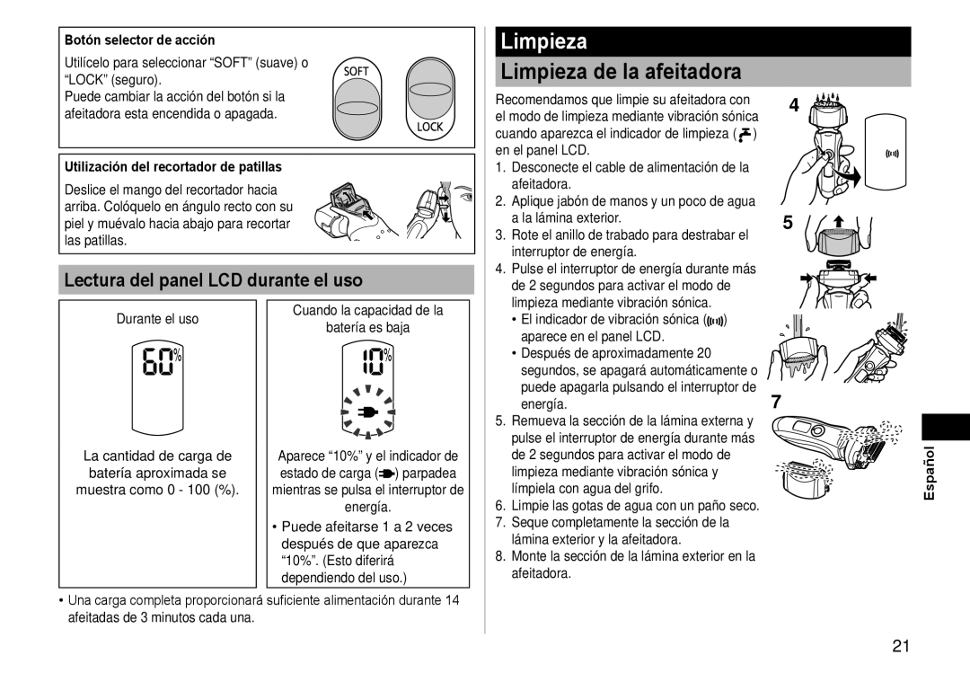 Panasonic ES-LT41 Limpieza de la afeitadora, Lectura del panel LCD durante el uso, Botón selector de acción 