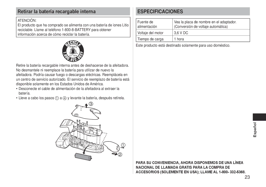 Panasonic ES-LT41 operating instructions Retirar la batería recargable interna, Atención 