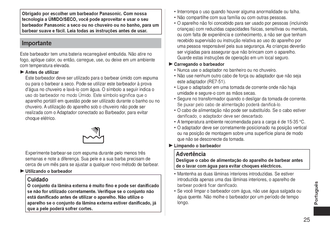 Panasonic ES-LT41 operating instructions Cuidado, Advertência 