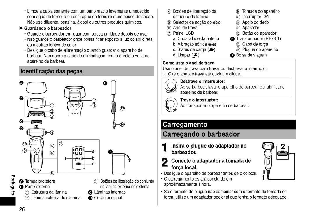 Panasonic ES-LT41 operating instructions Carregamento, Carregando o barbeador, Identificação das peças 