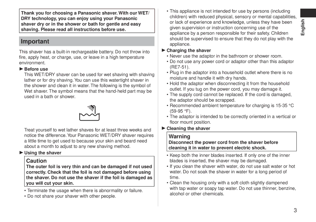 Panasonic ES-LT41 operating instructions  Before use 