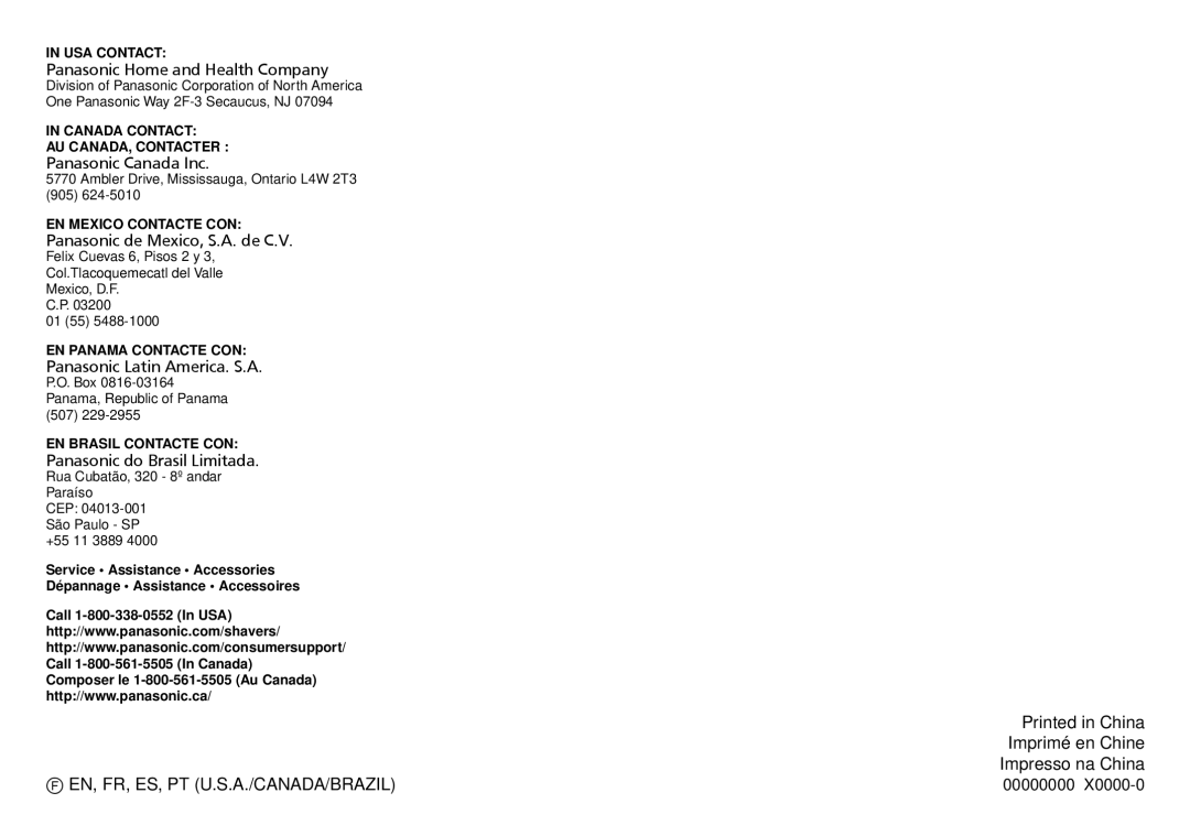 Panasonic ES-LT41 operating instructions En, Fr, Es, Pt U.S.A./Canada/Brazil 