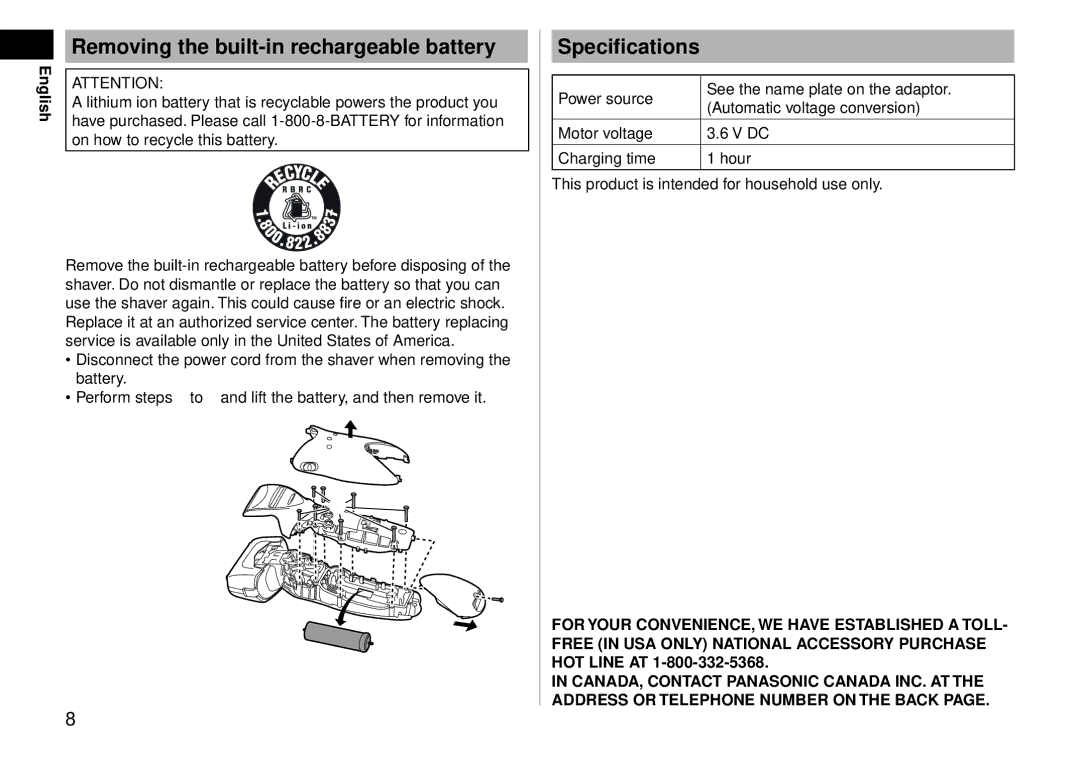 Panasonic ES-LT41 operating instructions Removing the built-in rechargeable battery 