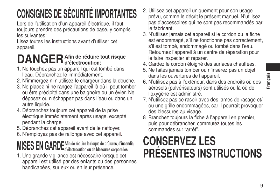 Panasonic ES-LT41 operating instructions Consignes DE Sécurité Importantes,  Français 