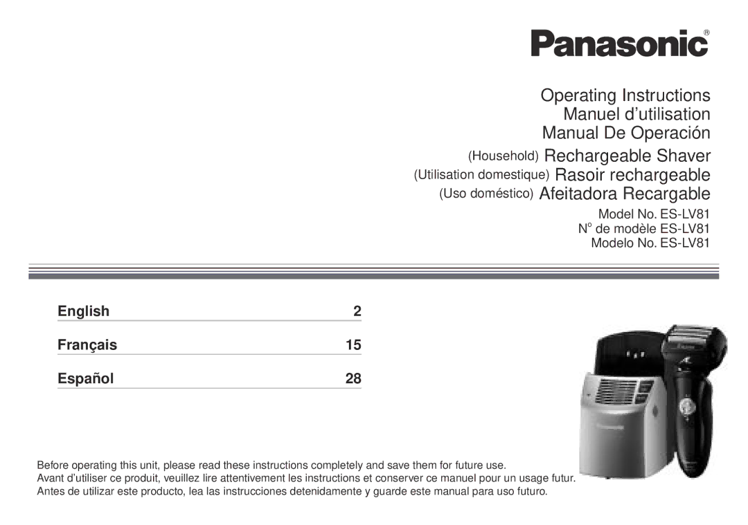 Panasonic ES-LV81 operating instructions Uso doméstico Afeitadora Recargable 