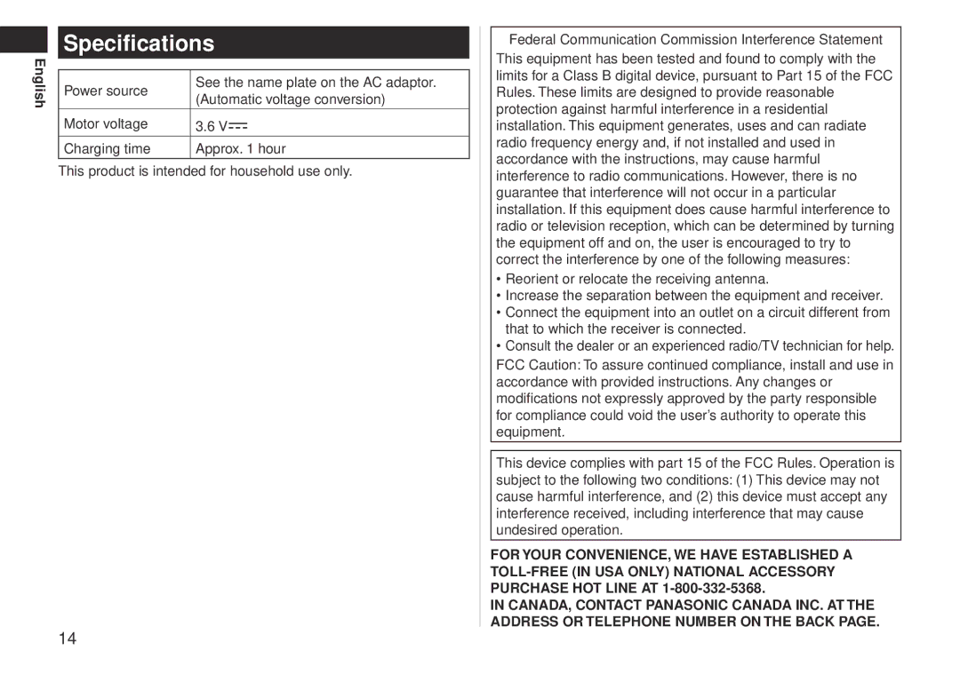 Panasonic ES-LV81 operating instructions Specifications 