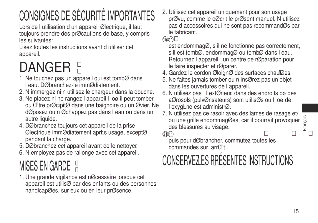 Panasonic ES-LV81 operating instructions Consignes DE Sécurité Importantes 