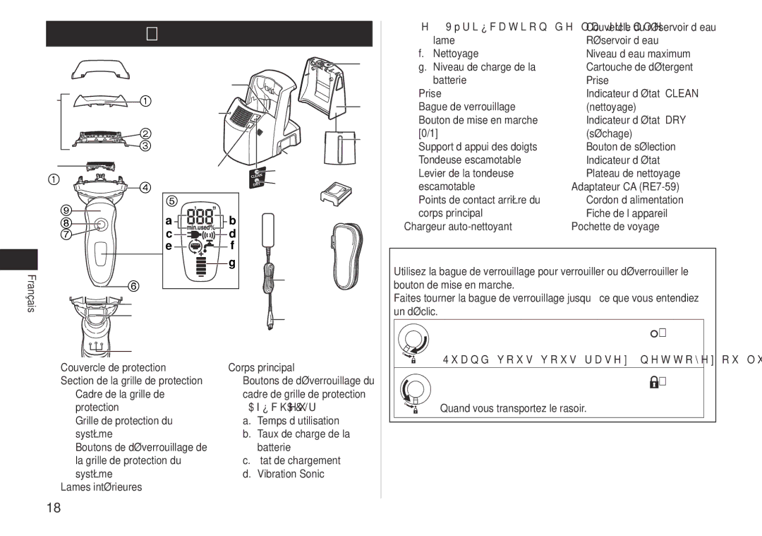 Panasonic ES-LV81 operating instructions Identification des pièces, Utilisation de la bague de verrouillage 