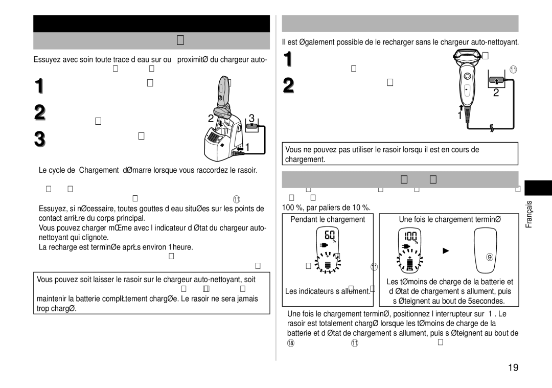 Panasonic ES-LV81 Chargement à l’aide du chargeur auto-nettoyant, Chargement sans le chargeur auto-nettoyant, Secteur 