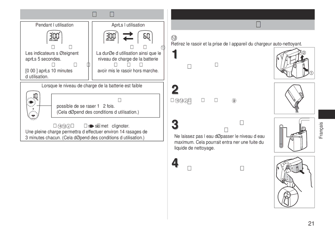 Panasonic ES-LV81 Entretien, Lecture de l’afficheur ACL lors de l’utilisation, Préparation du chargeur auto-nettoyant 