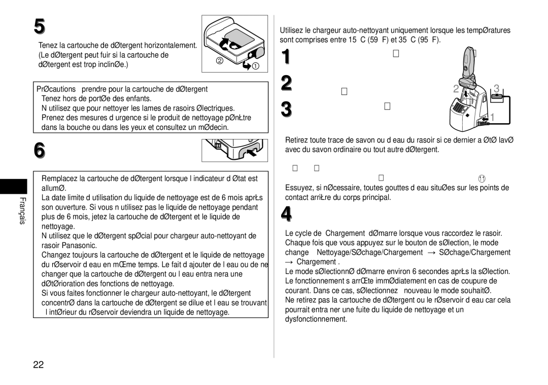 Panasonic ES-LV81 operating instructions Nettoyage du rasoir, Du chargeur auto-nettoyant, Fixez la cartouche de détergent 