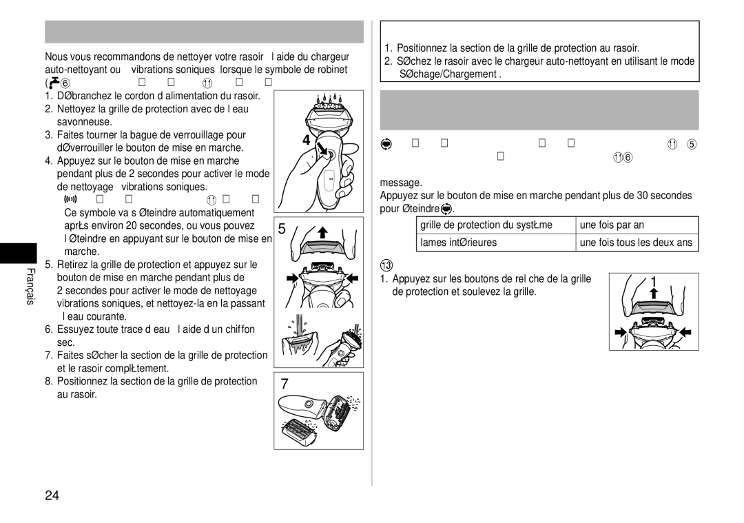 Panasonic ES-LV81 Nettoyage du rasoir sans le chargeur auto-nettoyant, Remplacement de la grille de protection du système 