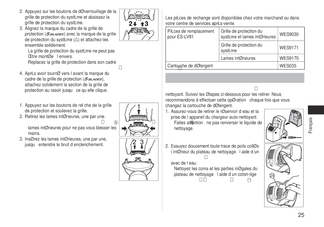 Panasonic ES-LV81 Nettoyage du chargeur auto-nettoyant, Pièces de remplacement, Remplacement des lames intérieures 