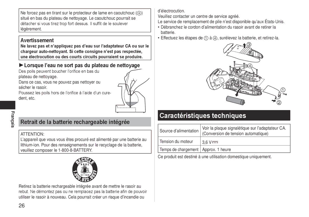 Panasonic ES-LV81 operating instructions Caractéristiques techniques, Retrait de la batterie rechargeable intégrée 