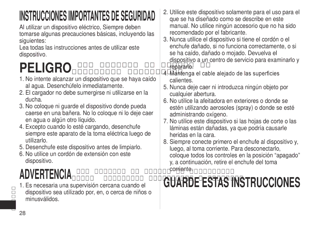 Panasonic ES-LV81 Instruccionesimportantesdeseguridad, PELIGROPara reducir el riesgo de descargas eléctricas 