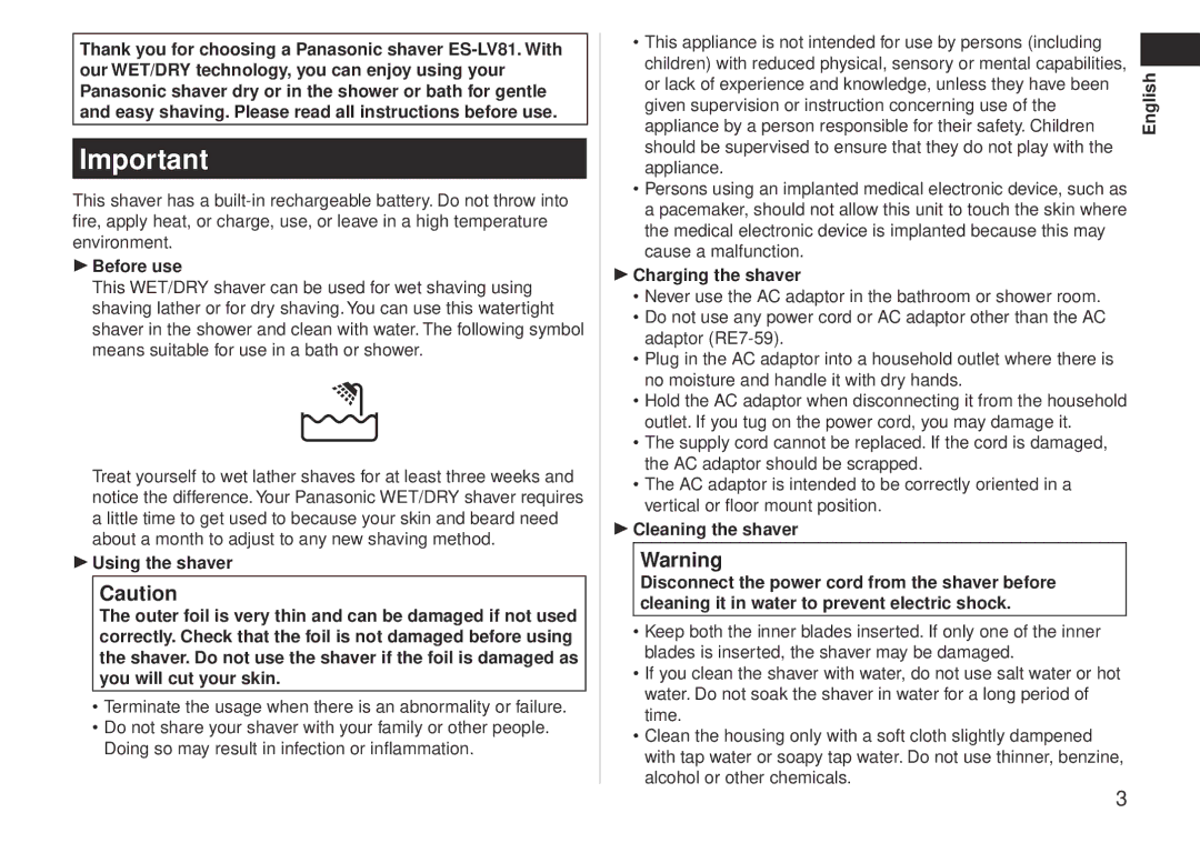 Panasonic ES-LV81 operating instructions  English 