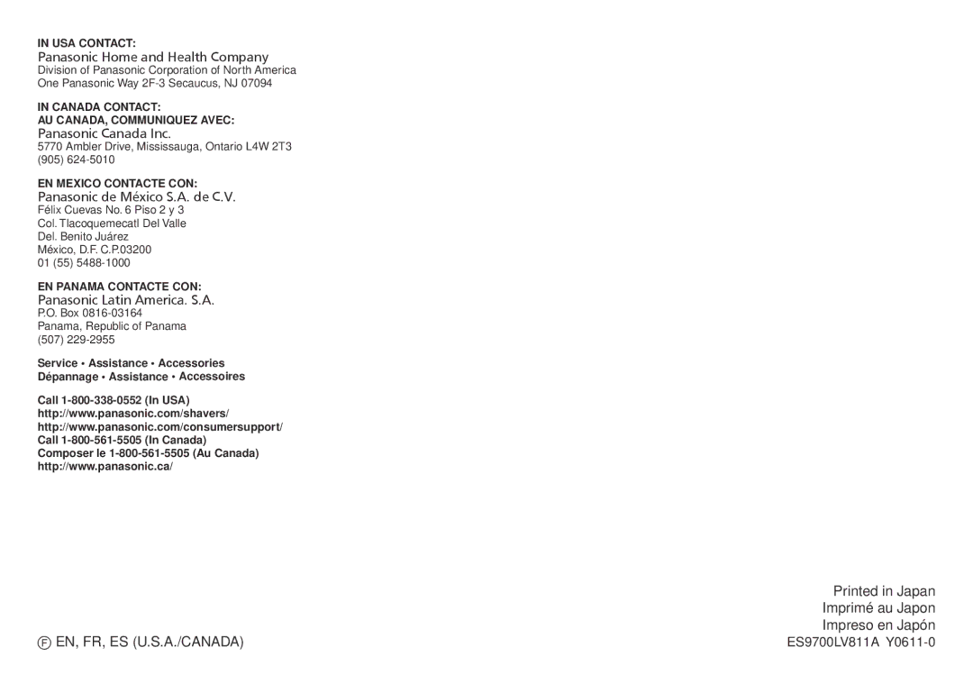 Panasonic ES-LV81 operating instructions En, Fr, Es U.S.A./Canada 