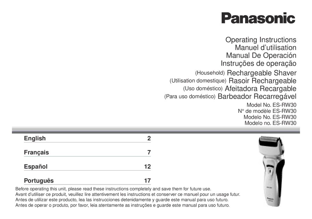 Panasonic ES-RW30-S operating instructions English  Français  Español  Português  