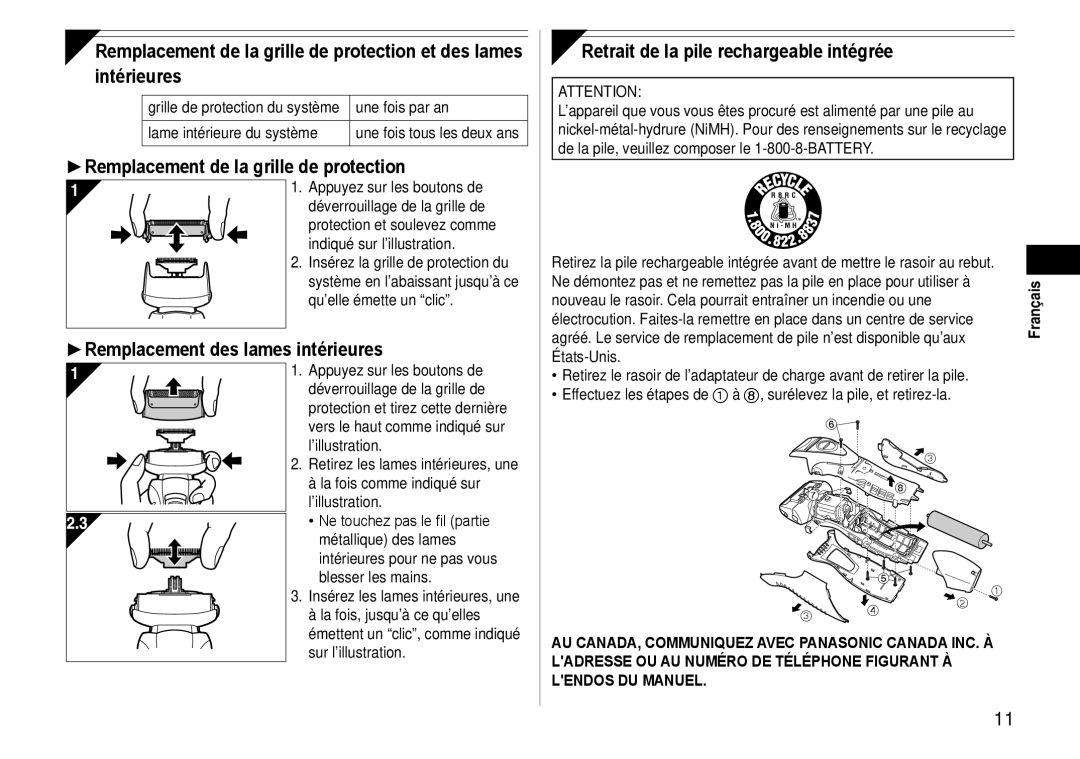 Panasonic ES-RW30-S operating instructions Remplacement de la grille de protection, Remplacement des lames intérieures 