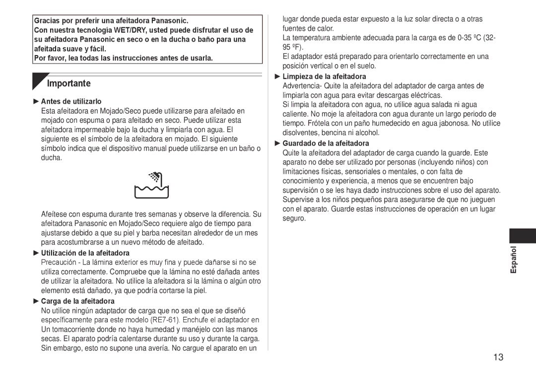 Panasonic ES-RW30-S operating instructions Importante 