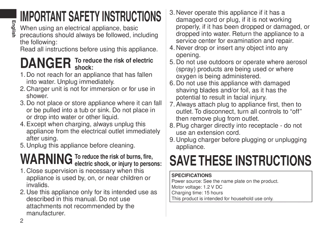 Panasonic ES-RW30-S operating instructions Important Safety Instructions 