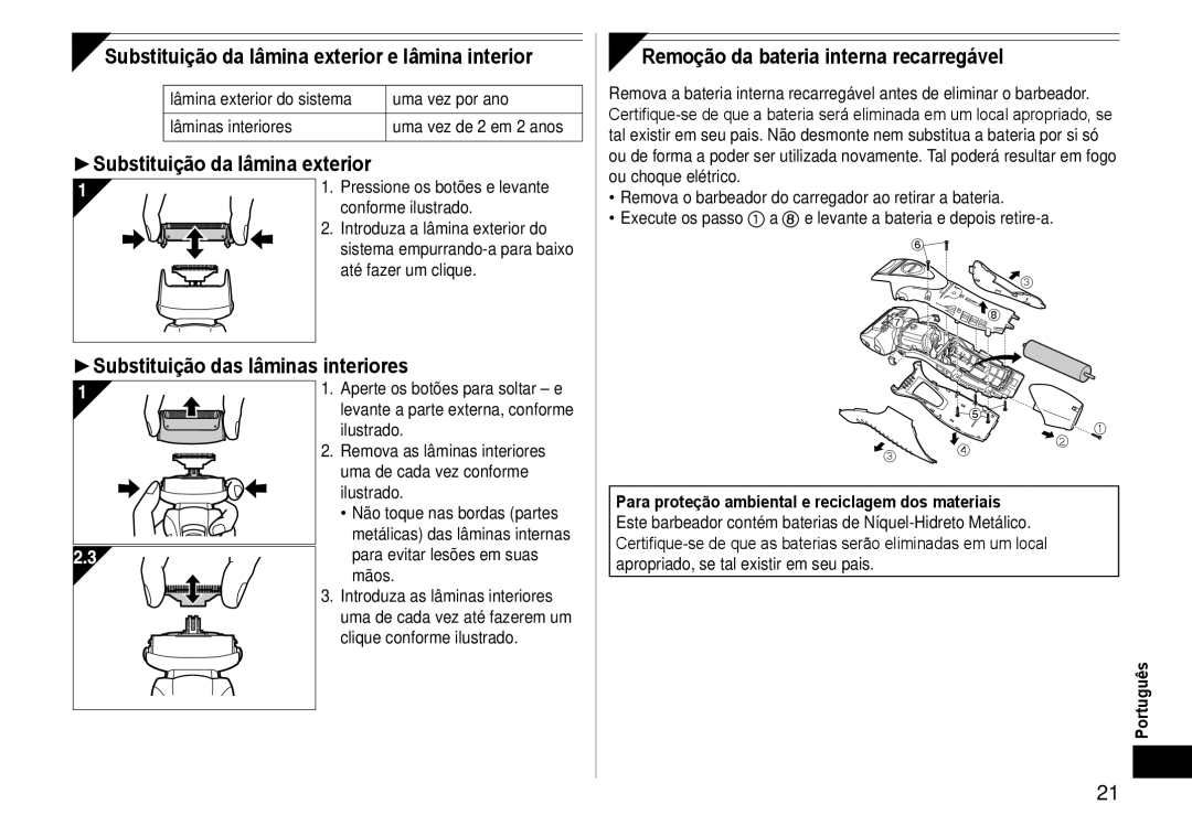 Panasonic ES-RW30-S Substituição da lâmina exterior e lâmina interior, Substituição das lâminas interiores 