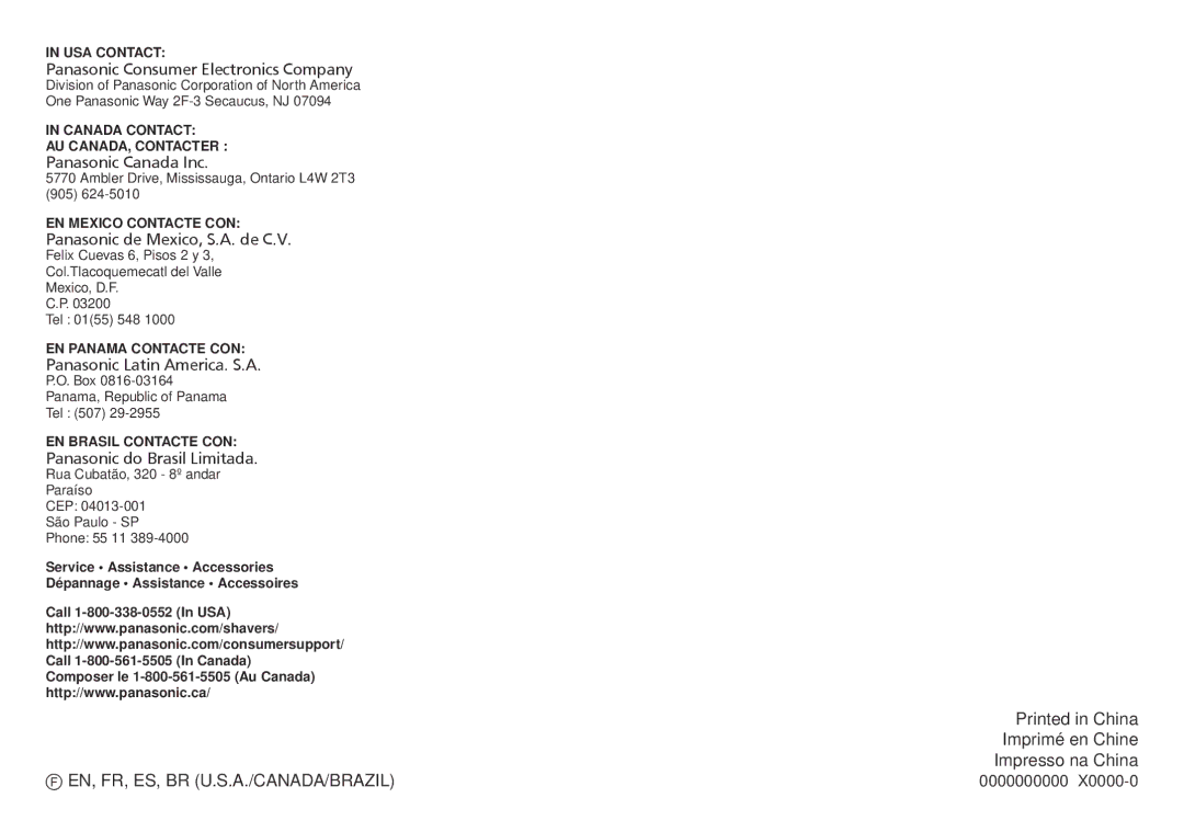 Panasonic ES-RW30-S operating instructions En, Fr, Es, Br U.S.A./Canada/Brazil 